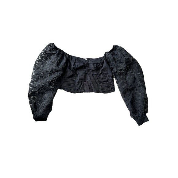 Zara Womens Medium Top Animal Leopard Print Organza Puff Vneck Sleeve Crop Black - Picture 1 of 8